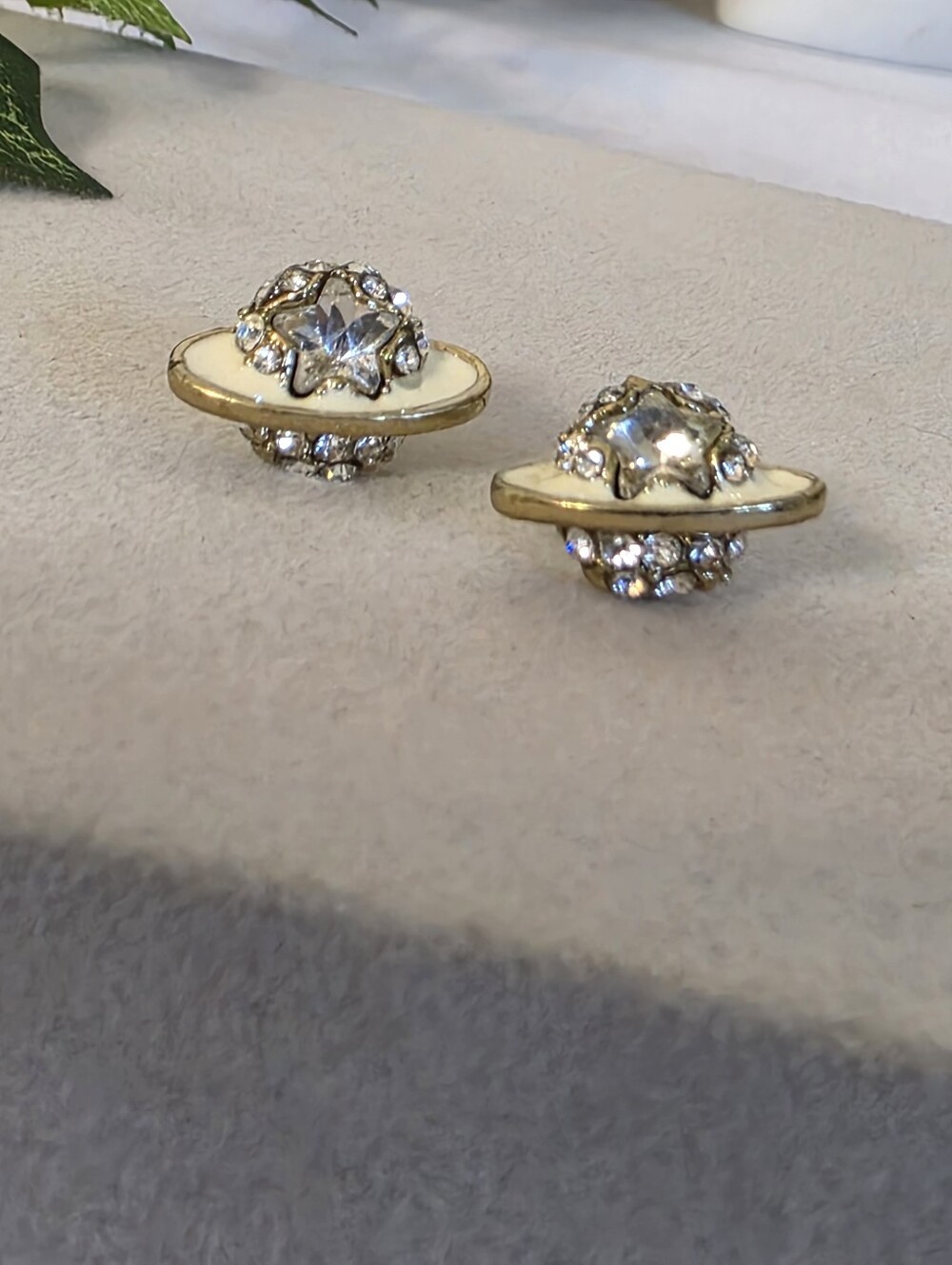 Gold Tone Saturn Planet Orb Stud Earrings Rhinestone Enamel Celestial Star